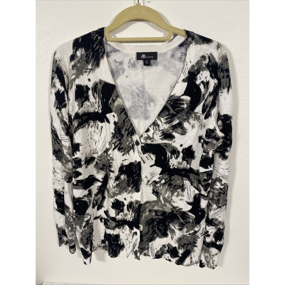 AB Studio Womens's Cardigan‎  Button Up Size XL  Black/White T1
